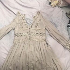 Beige flowy peasant style long sleeve deep c neck  boho dress from free people